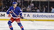 Apr 2, 2025; New York, New York, USA;  New York Rangers right wing Gabe Perreault (94) takes the ice against the Minnesota Wild for his NHL debut at Madison Square Garden. Mandatory Credit: Wendell Cruz-Imagn Images