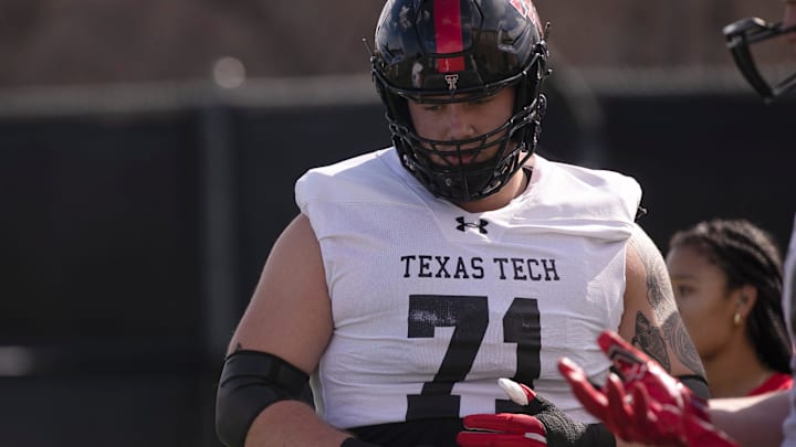 Texas Tech's Vinny Sciury pauses during a drill at a spring football practice, Thursday, March 21, 2024, at Sports Performance Center.