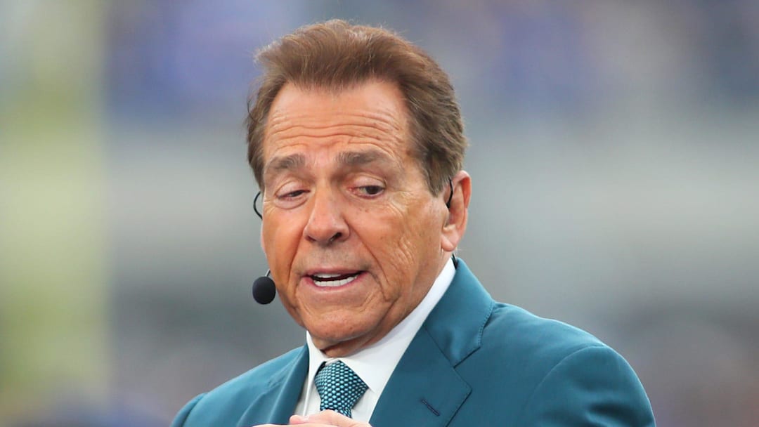 ESPN analyst and retired Alabama head coach Nick Saban broadcasts live from the sidelines of Acrisure Stadium in Pittsburgh, PA prior to the start of the Pittsburgh Panthers vs Notre Dame Fighting Irish game on November 15, 2025.