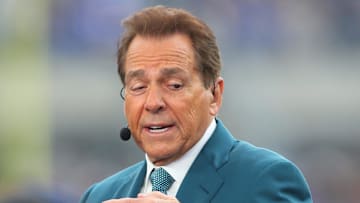 ESPN analyst and retired Alabama head coach Nick Saban broadcasts live from the sidelines of Acrisure Stadium in Pittsburgh, PA prior to the start of the Pittsburgh Panthers vs Notre Dame Fighting Irish game on November 15, 2025.