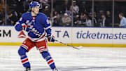 Apr 2, 2025; New York, New York, USA;  New York Rangers right wing Gabe Perreault (94) takes the ice against the Minnesota Wild for his NHL debut at Madison Square Garden. Mandatory Credit: Wendell Cruz-Imagn Images