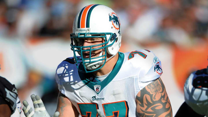 Tackle Jake Long during a Dolphins victory over the Oakland Raiders at Dolphin Stadium in 2008.