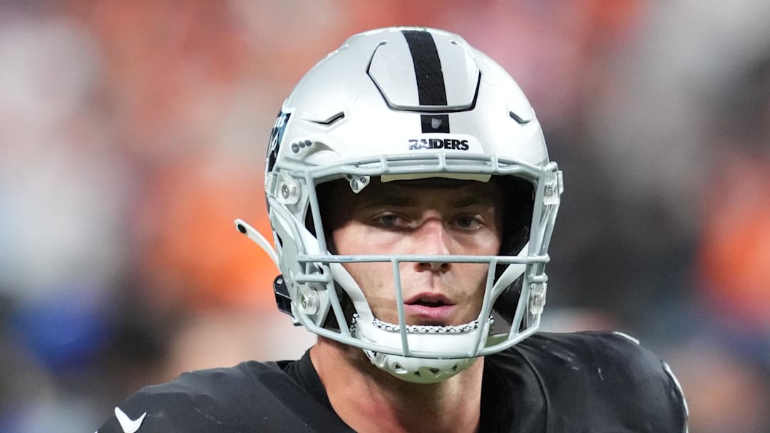 Dec 7, 2025; Paradise, Nevada, USA;  Las Vegas Raiders tight end Brock Bowers (89) leaves the field following a game against the Denver Broncos at Allegiant Stadium. Mandatory Credit: Stephen R. Sylvanie-Imagn Images