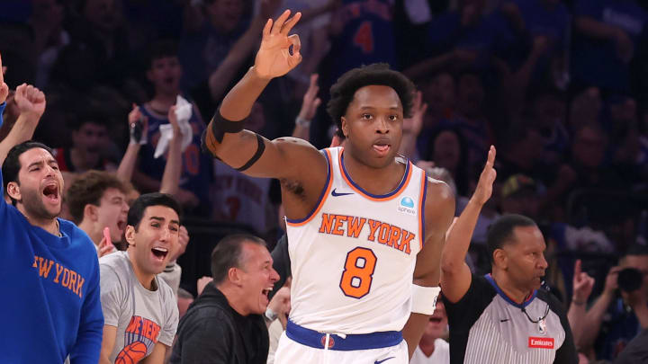 New York Knicks forward OG Anunoby (8) celebrates his three-point shot against the Indiana Pacers during the 2024 NBA playoffs at Madison Square Garden.