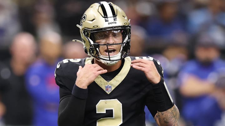 Oct 5, 2025; New Orleans, Louisiana, USA; New Orleans Saints quarterback Spencer Rattler (2) calls a play against the New York Giants during the second half at Caesars Superdome. Mandatory Credit: Stephen Lew-Imagn Images