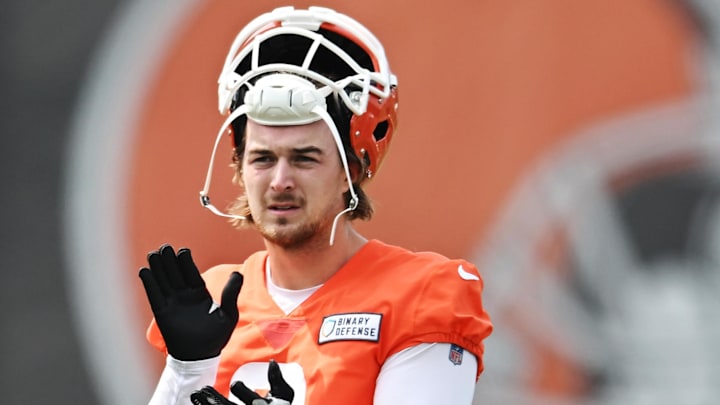 Jun 12, 2025; Berea, OH, USA; Cleveland Browns quarterback Kenny Pickett (8) looks on during mini camp at CrossCountry Mortgage Campus. Mandatory Credit: Ken Blaze-Imagn Images