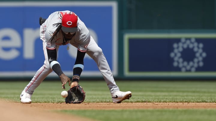 Jul 21, 2024; Washington, District of Columbia, USA; Cincinnati Reds shortstop Elly De La Cruz (44) fields a ground ball by Washington Nationals catcher Keibert Ruiz (not pictured) during the second inning at Nationals Park. Mandatory Credit: Geoff Burke-USA TODAY Sports