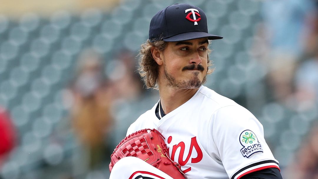 Sep 20, 2025; Minneapolis, Minnesota, USA; Minnesota Twins starting pitcher Joe Ryan (41) delivers a pitch against the Cleveland Guardians during the first inning of game one of a double header at Target Field. Mandatory Credit: Matt Krohn-Imagn Images