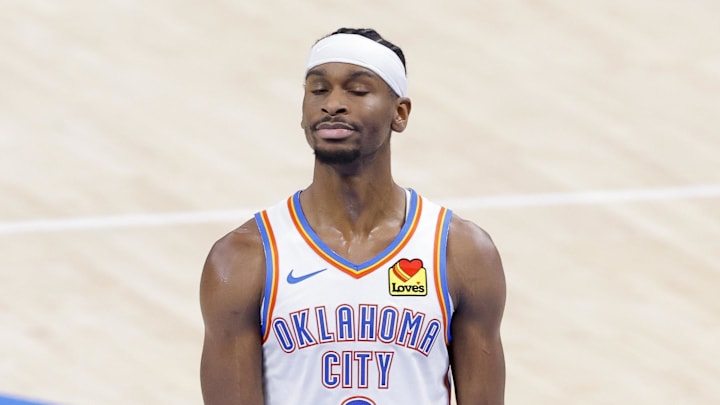Oklahoma City Thunder guard Shai Gilgeous-Alexander looks on during the fourth quarter against the Indiana Pacers. Oklahoma City Thunder guard Shai Gilgeous-Alexander looks on during the fourth quarter against the Indiana Pacers.