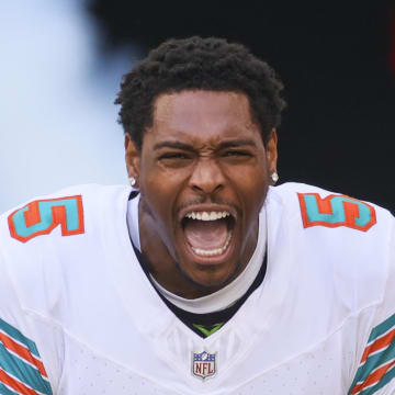 Oct 29, 2023; Miami Gardens, Florida, USA; Miami Dolphins cornerback Jalen Ramsey (5) reacts as he takes the field prior to the game against the New England Patriots at Hard Rock Stadium. Mandatory Credit: Sam Navarro-USA TODAY Sports