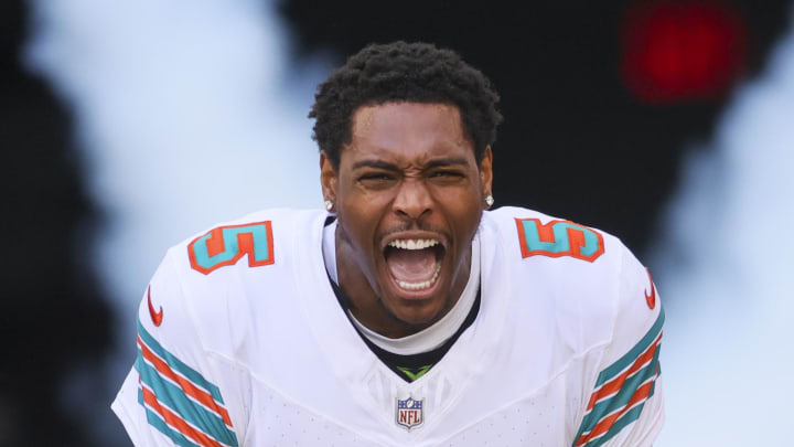 Oct 29, 2023; Miami Gardens, Florida, USA; Miami Dolphins cornerback Jalen Ramsey (5) reacts as he takes the field prior to the game against the New England Patriots at Hard Rock Stadium. Mandatory Credit: Sam Navarro-USA TODAY Sports