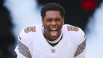 Oct 29, 2023; Miami Gardens, Florida, USA; Miami Dolphins cornerback Jalen Ramsey (5) reacts as he takes the field prior to the game against the New England Patriots at Hard Rock Stadium. Mandatory Credit: Sam Navarro-Imagn Images