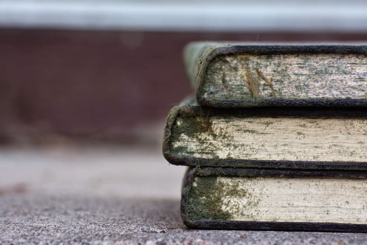 Three old moldy books stacked on top of each other