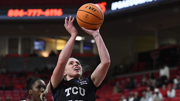 TCU's Hailey Van Lith shoots against Texas Tech in a Big 12 women's basketball game Saturday, Jan. 11, 2025, at United Superm
