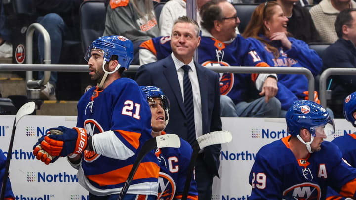 Apr 27, 2024; Elmont, New York, USA; New York Islanders head coach Patrick Roy in game four of the first round of the 2024 Stanley Cup Playoffs at UBS Arena. Mandatory Credit: Wendell Cruz-USA TODAY Sports