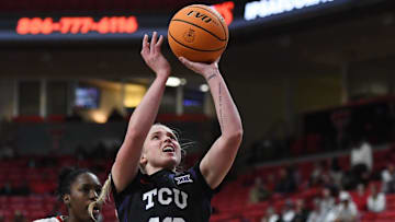TCU's Hailey Van Lith shoots against Texas Tech in a Big 12 women's basketball game Saturday, Jan. 11, 2025, at United Supermarkets Arena.