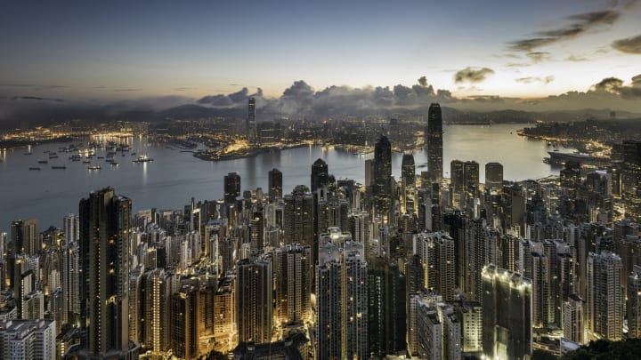 Hong Kong skyline at sunrise.