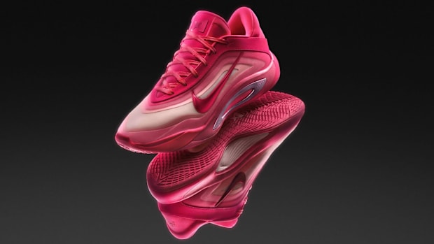 Pink Nike basketball shoes.