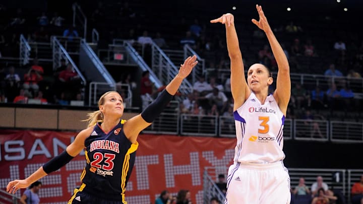 Aug. 25, 2012; Phoenix, AZ, USA; Phoenix Mercury guard Diana Taurasi (3) puts up a shot in the first half against the Indiana Fever guard Katie Douglas (23) at US Airways Center. Mandatory Credit: Jennifer Stewart-Imagn Images
