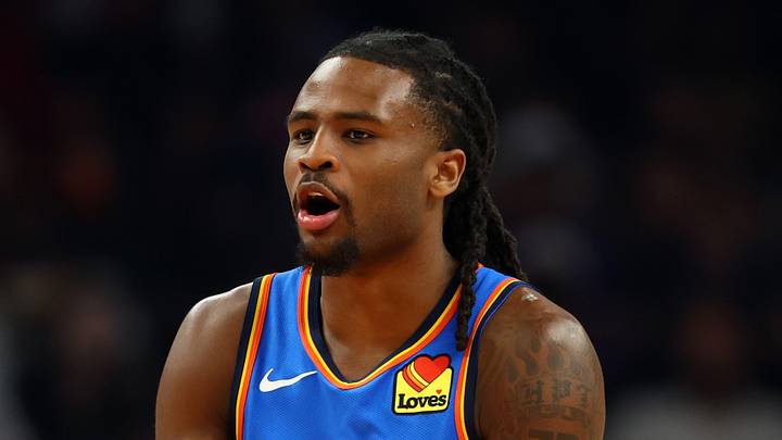 Oklahoma City Thunder guard Cason Wallace (22) against the Phoenix Suns at Mortgage Matchup Center on April 27, 2026.