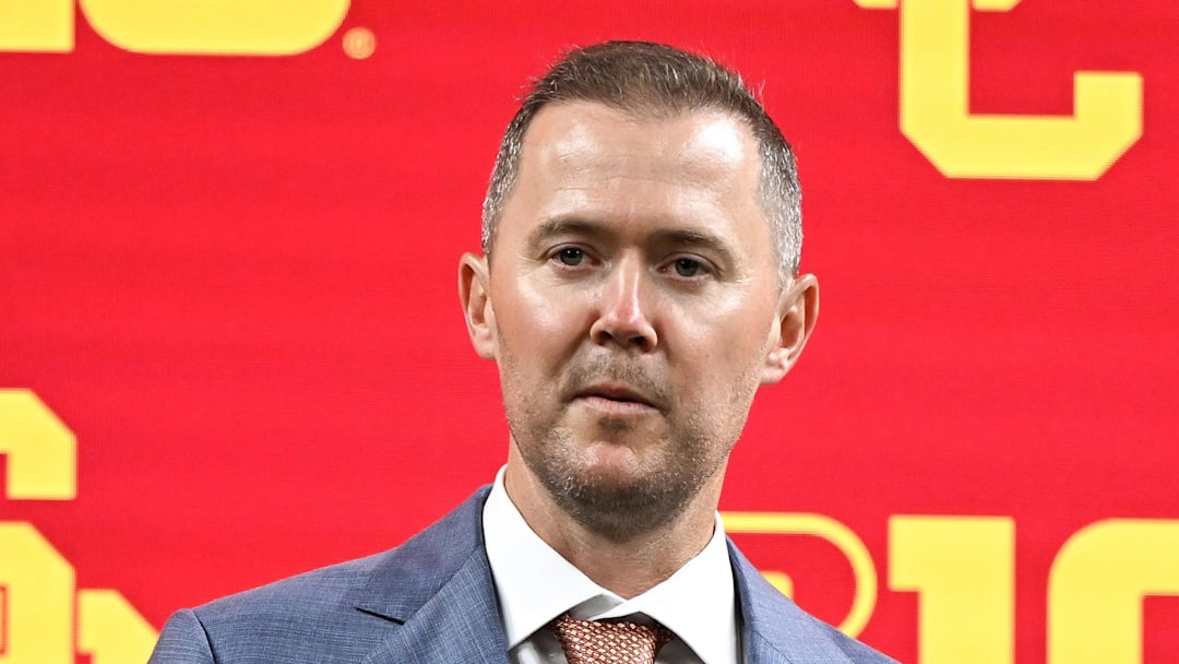 Jul 24, 2024; Indianapolis, IN, USA;  USC Trojans head coach Lincoln Riley speaks to the media during the Big 10 football media day at Lucas Oil Stadium.