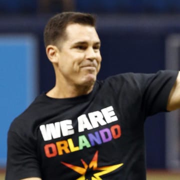 Jun 17, 2016; St. Petersburg, FL, USA;  MLB Vice President of Social Responsibility and inclusion Billy Bean throws out to first pitch before the game between the Tampa Bay Rays and San Francisco Giants as he pays tribute to the victims lost in the Orlando shooting last Sunday before the game at Tropicana Field. Mandatory Credit: Kim Klement-USA TODAY Sports