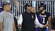 Sep 14, 2024; Evanston, Illinois, USA; Northwestern Wildcats head coach David Braun gestures to his team against the Eastern Illinois Panthers during the first half at Lanny and Sharon Martin Stadium. Mandatory Credit: David Banks-Imagn Images