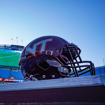 Dec 31, 2019; Charlotte, North Carolina, USA;  Virginia Tech Hokies helmet awaits before the start of the Belk Bowl between the Kentucky Wildcats and the Virginia Tech Hokies at Bank of America Stadium. Mandatory Credit: Jim Dedmon-Imagn Images