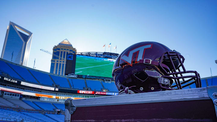 Dec 31, 2019; Charlotte, North Carolina, USA;  Virginia Tech Hokies helmet awaits before the start of the Belk Bowl between the Kentucky Wildcats and the Virginia Tech Hokies at Bank of America Stadium. Mandatory Credit: Jim Dedmon-Imagn Images