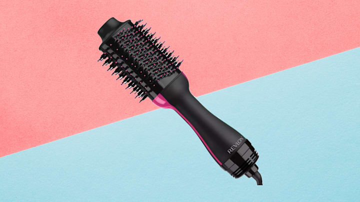 Revlon Salon One-Step Volumizer and Hair Dryer Brush against pink and blue background.