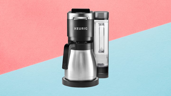 Keurig K-Duo Plus Coffee Maker with Single Serve K-Cup Pod against pink and blue background.