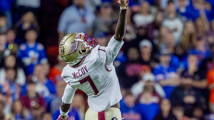 Nov 29, 2025; Gainesville, Florida, USA; Florida State Seminoles wide receiver Lawayne McCoy (7) makes a catch during the fourth quarter against the Florida Gators at Ben Hill Griffin Stadium. Mandatory Credit: Bob Kupbens-Imagn Images