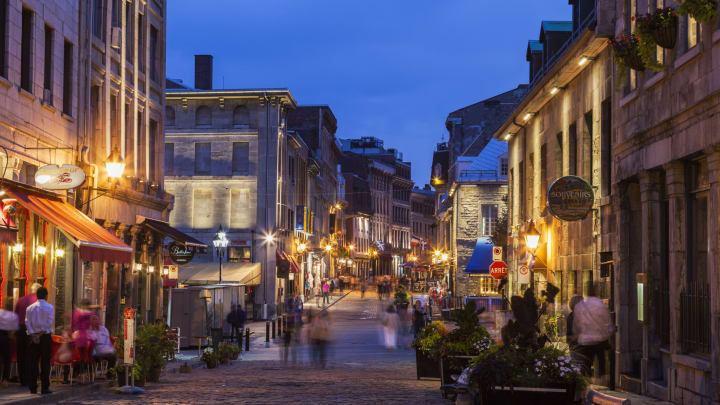 Saint Paul Street in Montreal at night.