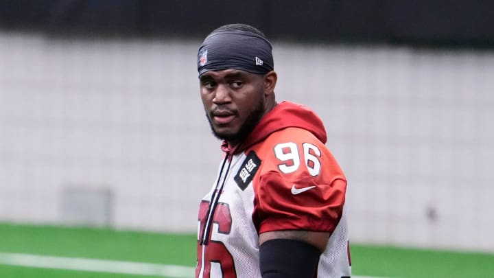 Jul 27, 2023; Phoenix, AZ, USA; Arizona Cardinals defensive end Eric Banks (96) during training camp at State Farm Stadium. Mandatory Credit: Rob Schumacher-Arizona Republic