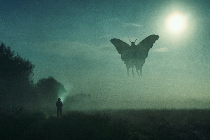 Man looking at a mysterious monster Mothman figure, flying in the sky. Silhouetted against the moon at night. 