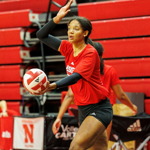 Nebraska volleyball outside hitter Taylor Landfair at practice ahead of the 2025 season.