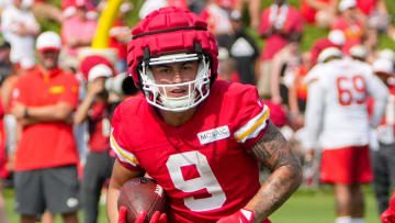 Jul 22, 2024; St. Joseph, MO, USA; Kansas City Chiefs running back Louis Rees-Zammit (9) runs the ball during training camp at Missouri Western State University. Mandatory Credit: Denny Medley-USA TODAY Sports