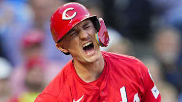Cincinnati Reds designated hitter Austin Hays (12) reacts