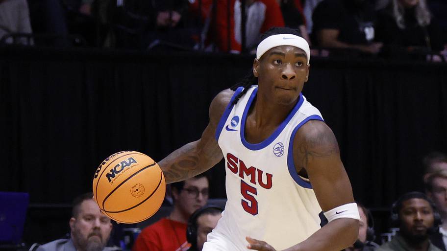 Mustangs guard Jaron Pierre Jr. dribbles in the first half against the Miami (Ohio) RedHawks.