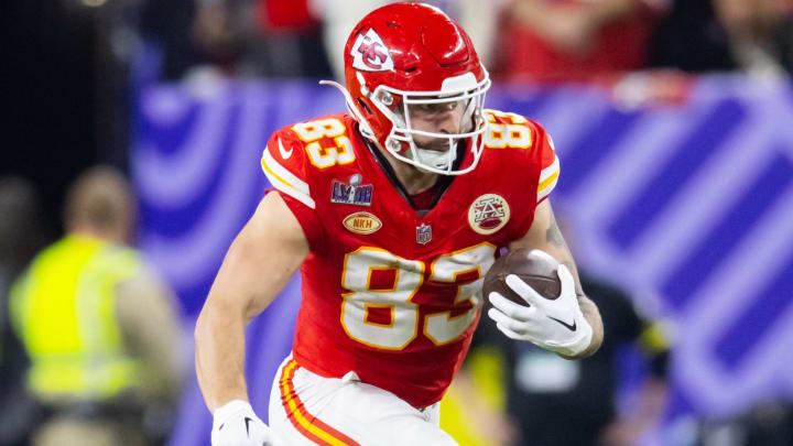 Feb 11, 2024; Paradise, Nevada, USA; Kansas City Chiefs tight end Noah Gray (83) against the San Francisco 49ers in Super Bowl LVIII at Allegiant Stadium. Mandatory Credit: Mark J. Rebilas-USA TODAY Sports