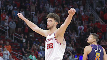 Feb 23, 2024; Houston, Texas, USA; Houston Rockets center Alperen Sengun (28) reacts after the end of the game against the Phoenix Suns at Toyota Center. Mandatory Credit: Troy Taormina-Imagn Images