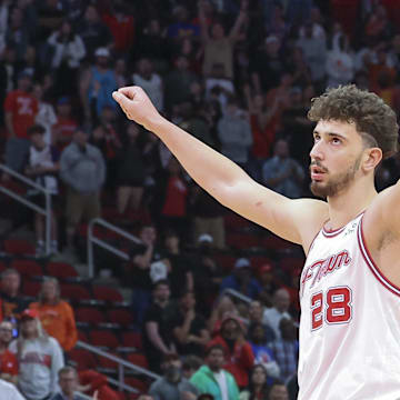 Feb 23, 2024; Houston, Texas, USA; Houston Rockets center Alperen Sengun (28) reacts after the end of the game against the Phoenix Suns at Toyota Center. Mandatory Credit: Troy Taormina-Imagn Images