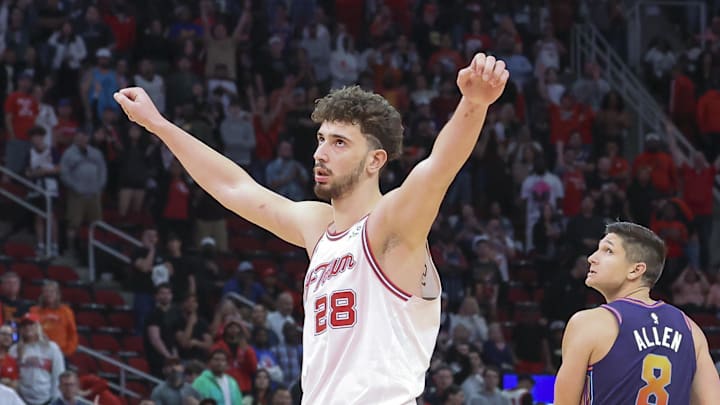 Feb 23, 2024; Houston, Texas, USA; Houston Rockets center Alperen Sengun (28) reacts after the end of the game against the Phoenix Suns at Toyota Center. Mandatory Credit: Troy Taormina-Imagn Images