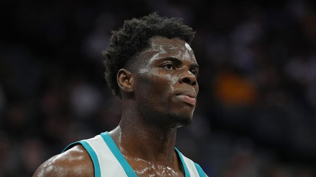 Jul 5, 2023; Sacramento, CA, USA; Charlotte Hornets center James Nnaji (46) during the second quarter against the Golden State Warriors at Golden 1 Center. Mandatory Credit: Darren Yamashita-Imagn Images