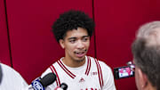 Sept. 18, 2024, Bloomington, IN, USA; Indiana Hoosiers guard Myles Rice answers a question during IU men’s and women’s basketball media day at Simon Skjodt Assembly Hall. Grace Smith/USA TODAY Network via Imagn Images

