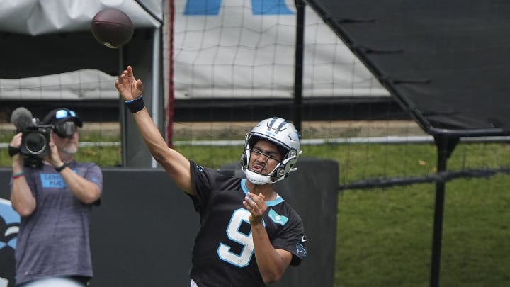 Jun 4, 2024; Charlotte, NC, USA;  Carolina Panthers quarterback Bryce Young (9) throws during OTAs. Mandatory Credit: Jim Dedmon-USA TODAY Sports