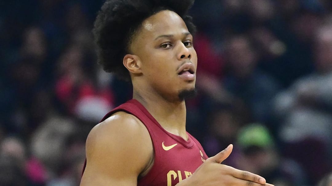 Feb 14, 2024; Cleveland, Ohio, USA; Cleveland Cavaliers forward Isaac Okoro (35) celebrates after hitting a three point basket during the first half against the Chicago Bulls at Rocket Mortgage FieldHouse. Mandatory Credit: Ken Blaze-Imagn Images