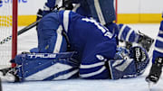 May 5, 2025; Toronto, Ontario, CAN; Toronto Maple Leafs goaltender Anthony Stolarz (41) grabs his head after a collission with Florida Panthers forward Sam Bennett (not pictured) during the second period in game one of the second round of the 2025 Stanley Cup Playoffs at Scotiabank Arena. Mandatory Credit: John E. Sokolowski-Imagn Images
