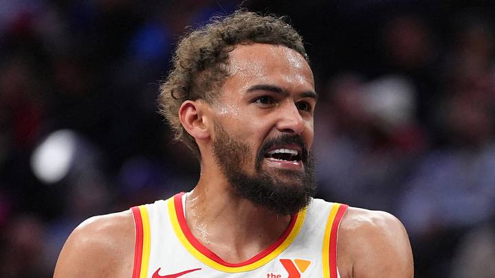 Atlanta Hawks guard Trae Young (11) reacts against the Philadelphia 76ers at Wells Fargo Center on April 11, 2025.