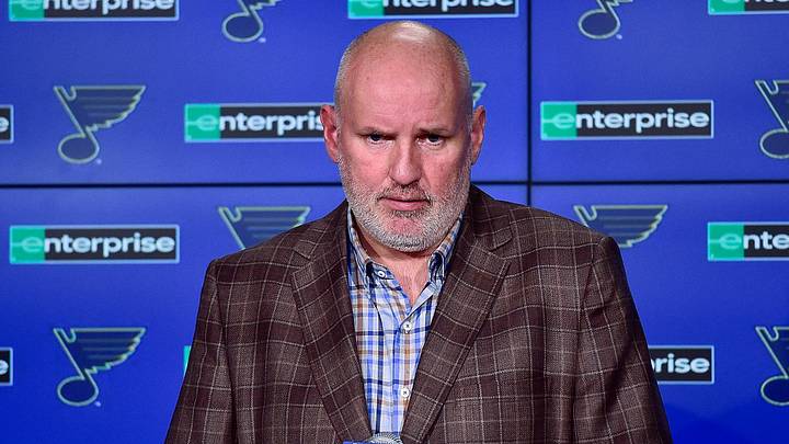 Feb 18, 2020; St. Louis, Missouri, USA;  St. Louis Blues general manager Doug Armstrong talks with the media about the acquisition of defenseman Marco Scandella from the Montreal Canadians prior to a game against the New Jersey Devils at Enterprise Center. Mandatory Credit: Jeff Curry-Imagn Images